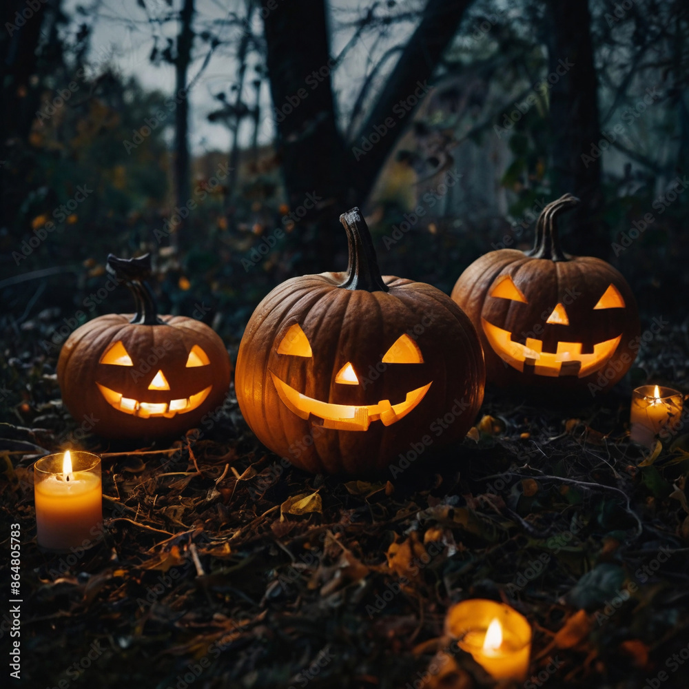 Lots of Halloween pumpkins in a dark forest Lots of Halloween pumpkins in a dark forest