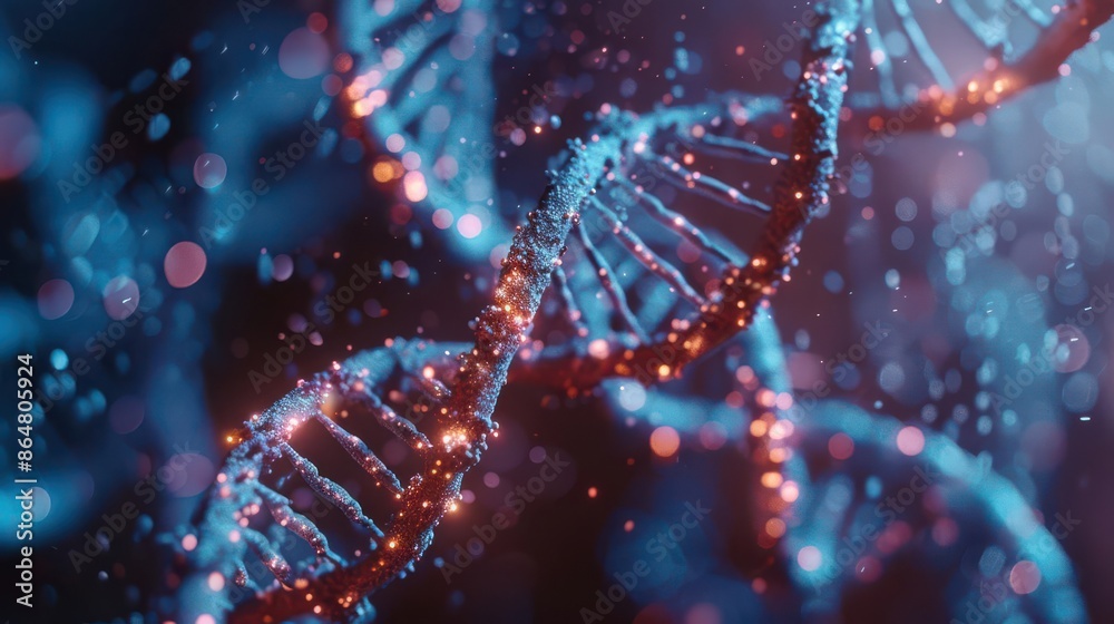 Close-up of DNA strands with chromosomes, detailed and vibrant, showcasing the beauty of genetics, DNA, molecular biology, gene research image Close-up of DNA strands with chromosomes, detailed and vibrant, showcasing the beauty of genetics, DNA, molecular biology, gene research image