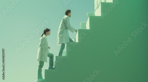 Researchers Climbing Stairs in Minimalist Green Toned Environment