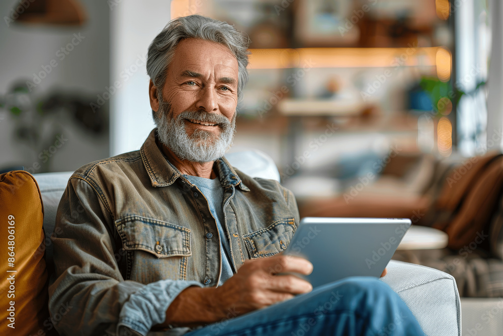 Smiling middle aged man relaxing on sofa at home using digital tablet looking away happy mature male sitting on couch with pad technology device Smiling middle aged man relaxing on sofa at home using digital tablet looking away happy mature male sitting on couch with pad technology device