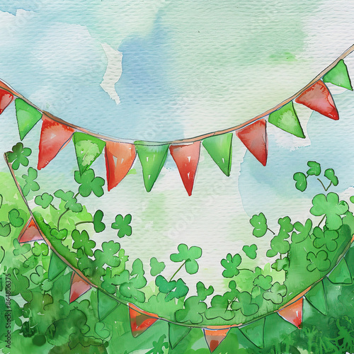 Simple watercolor rendering of a St Patrick's Day banner with red and green  flags and leaf and flowrr. Copy space card. photo