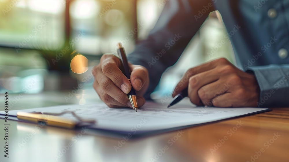 A professional lawyer was instructing his client to sign an official document. He was sitting at a desk, pen and paper in hand, mallet in hand. On a wooden desk was a vague office