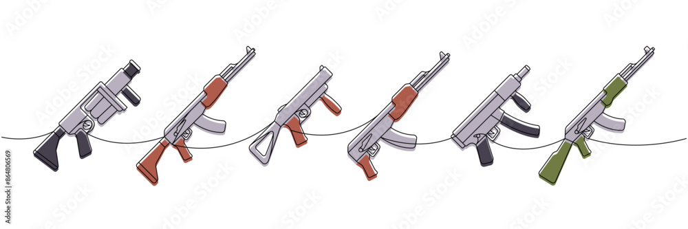 Vetor de Military weapons one line colored continuous drawing. Grenade ...