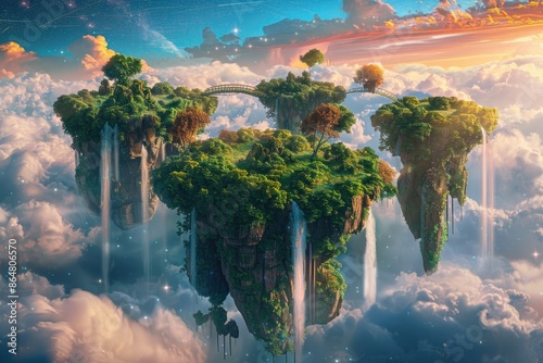 Imagine lush floating islands, waterfalls, and a vibrant sunrise sky, forming a dreamy and surreal landscape AIG59 photo