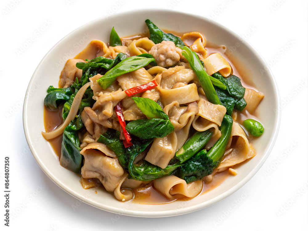 Flat noodle with Pork in Gravy Sauce (Rad-Na Moo). Thai kale. Thai street food isolate on white background