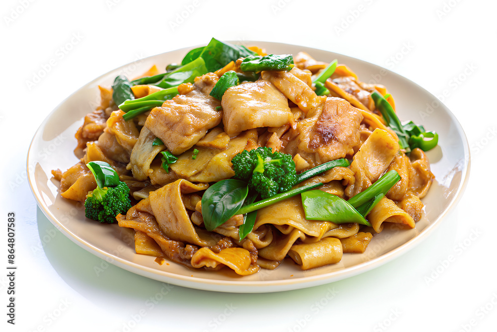 Pad See Ew, Stir fried rice noodles soy sauce with pork, Thai kale. Thai street food isolate on white background
