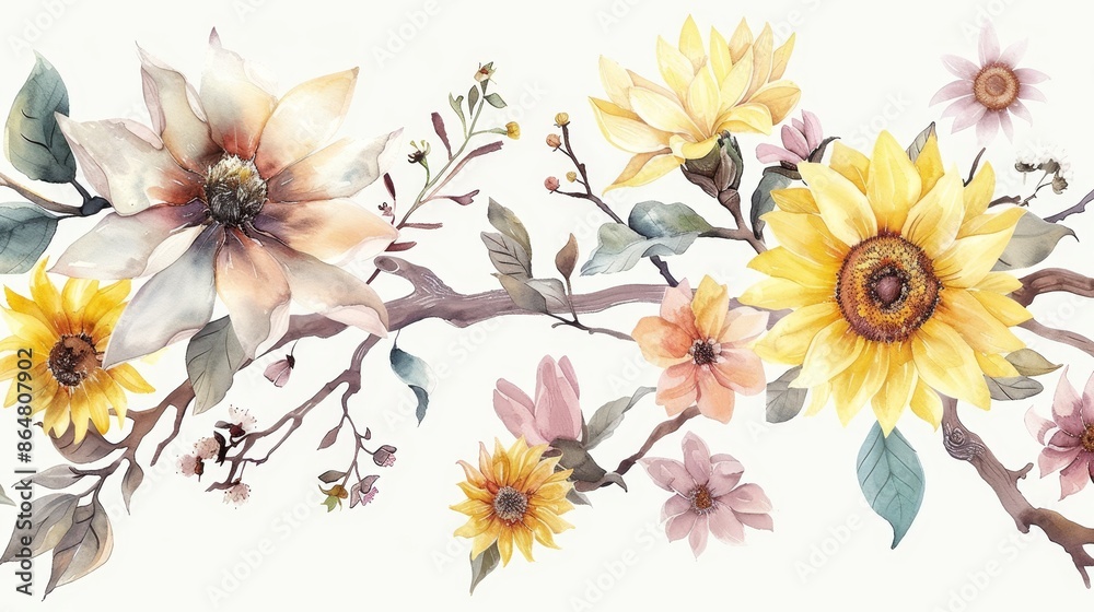 Fototapeta premium Delicate watercolor magnolia and sunflower blossoms with hand-drawn branches, designed for a beautiful wall sticker