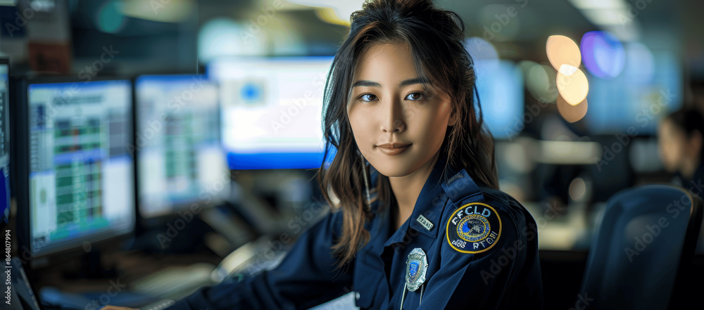 Asian Female Police Officer Working at Her Desk at Night with Computer ...