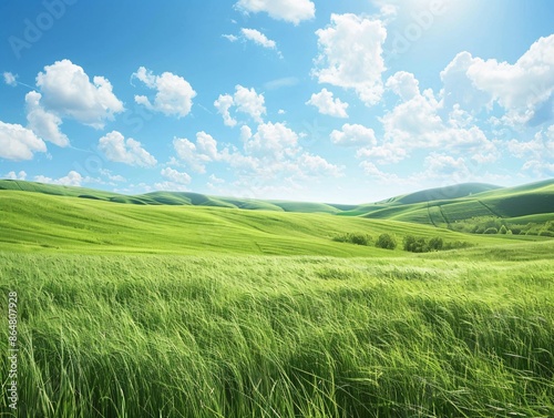 A wide view of a sunlit grassy field with rolling hills in the background, the fresh summer grass swaying gently in the light breeze under a clear, sunny sky with scattered white clouds © Sinechana