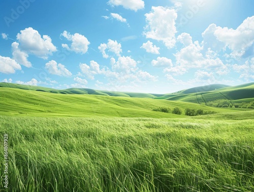 A wide view of a sunlit grassy field with rolling hills in the background, the fresh summer grass swaying gently in the light breeze under a clear, sunny sky with scattered white clouds