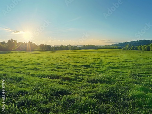 A panoramic shot of a green pasture glowing under the afternoon sun, the vibrant summer grass stretching out to the horizon, dappled with sunlight and surrounded by distant trees photo