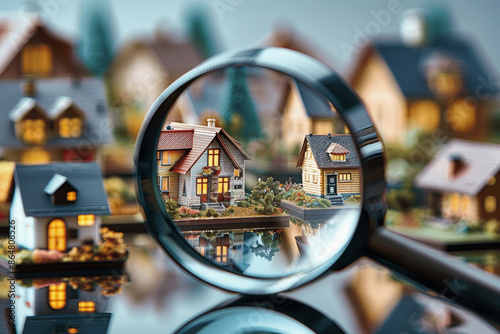 House Hunting with Magnifying Glass on Real Estate Background for Buying and Investment - Loan, Mortgage, Home Search and Choice Concept