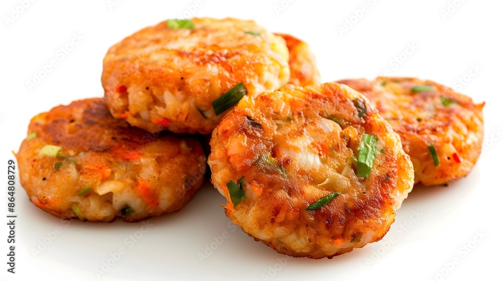 Photo of Freshly Fried Thai Fish Cakes on White Background Photo of Freshly Fried Thai Fish Cakes on White Background