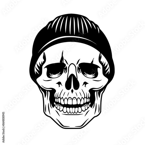 Skull with Beanie Hat Illustration, Black and white illustration of a skull wearing a beanie hat, combining urban style with a macabre theme.

