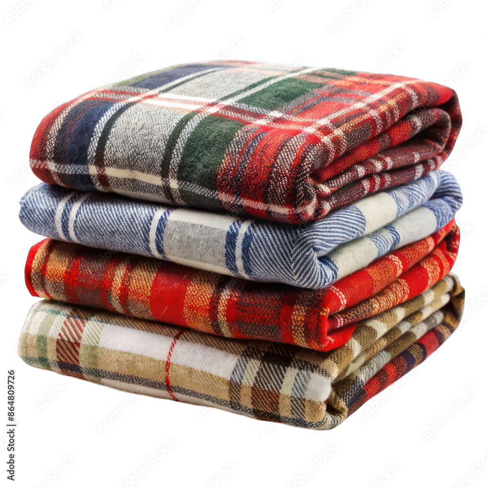 Stack checkered plaid blanket folded and warm isolated on transparent background Stack checkered plaid blanket folded and warm isolated on transparent background