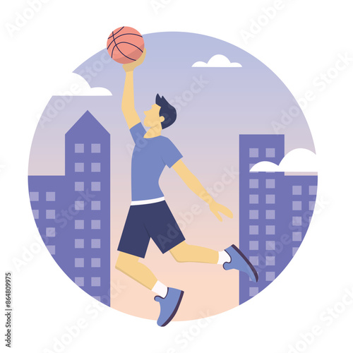 Flat illustration of a basketball player in mid-air, about to slam dunk