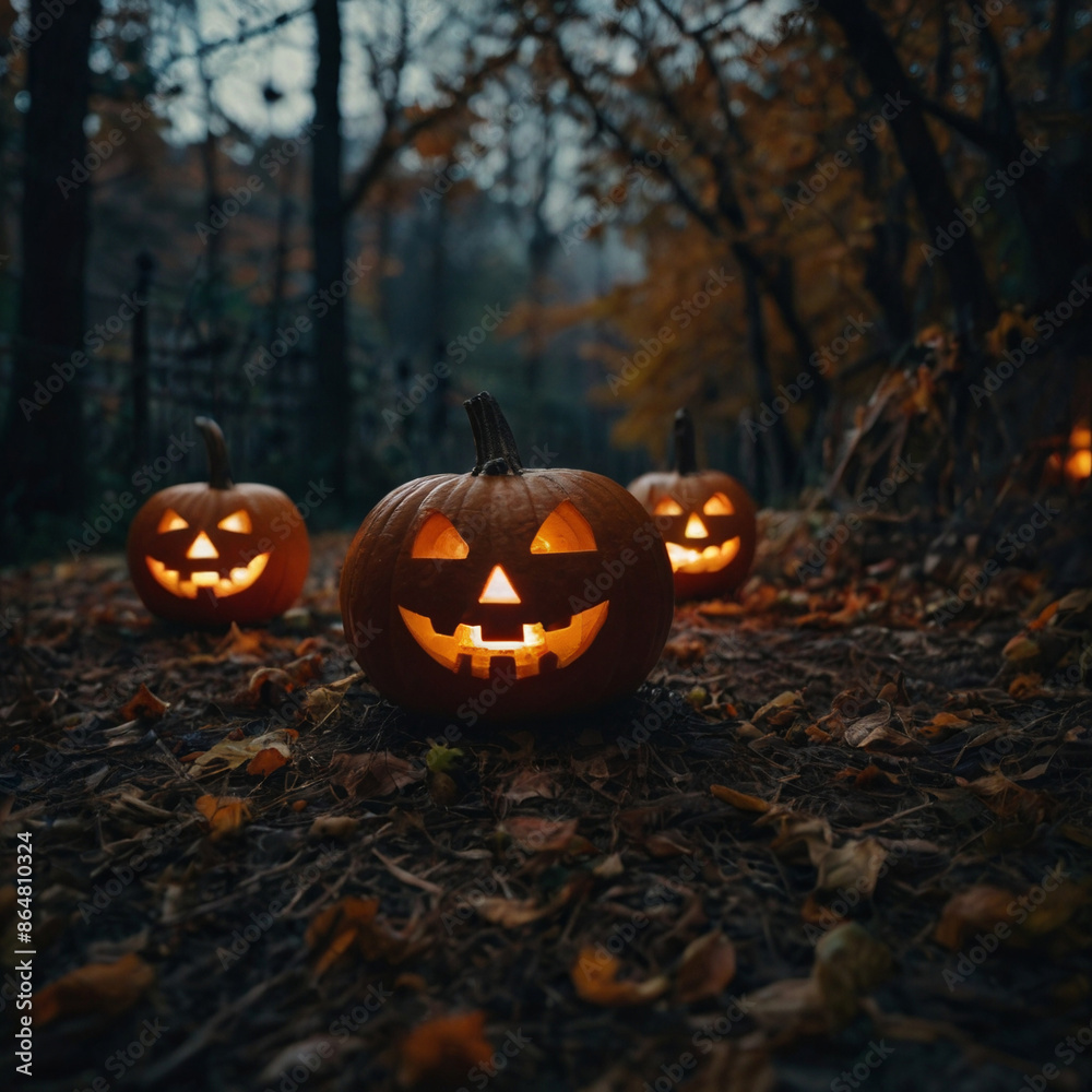 Lots of Halloween pumpkins in a dark forest Lots of Halloween pumpkins in a dark forest