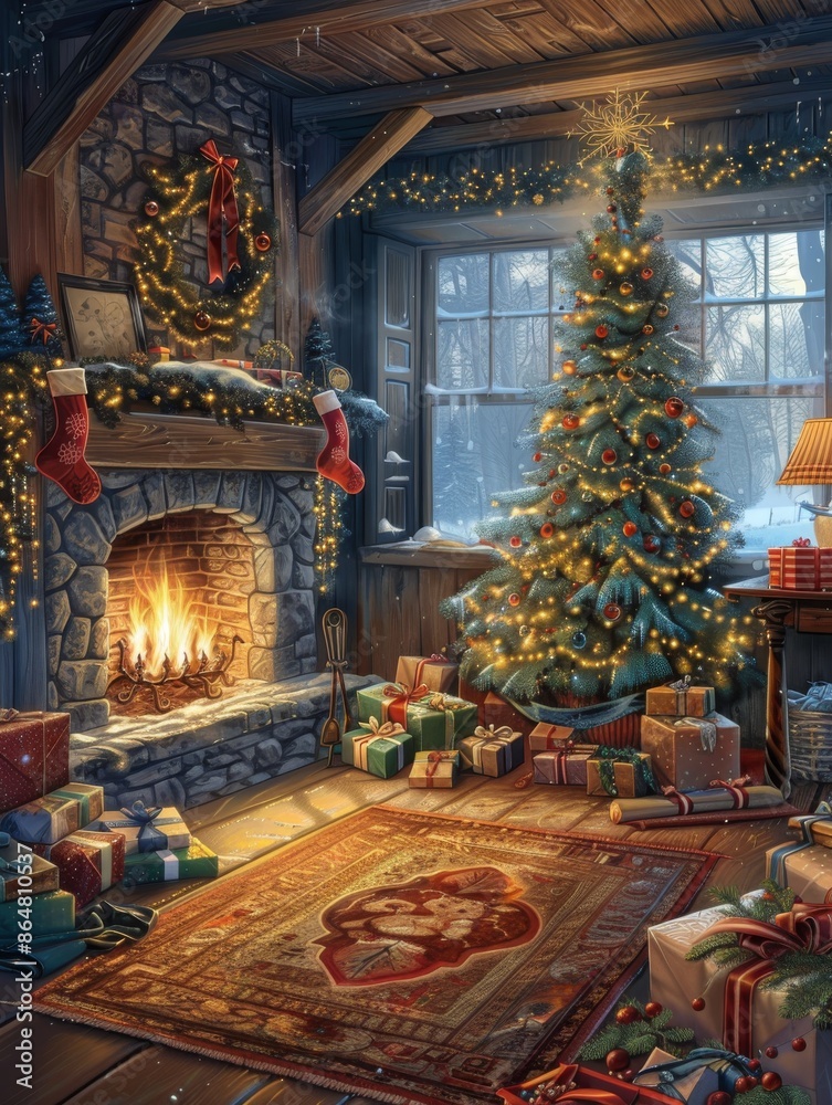 Cozy Christmas Cabin Interior With Decorated Fireplace and Christmas Tree