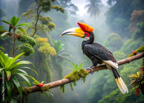 Majestic rhinoceros hornbill preens its feathers under wing, perched on a misty rainforest tree branch in Gunung Leuser National Park, Sumatra, Indonesia's lush wilderness.