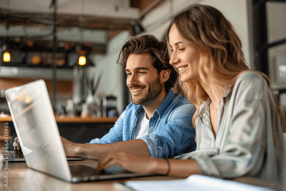 Two happy young professionals working together on laptop in office Two happy young professionals working together on laptop in office
