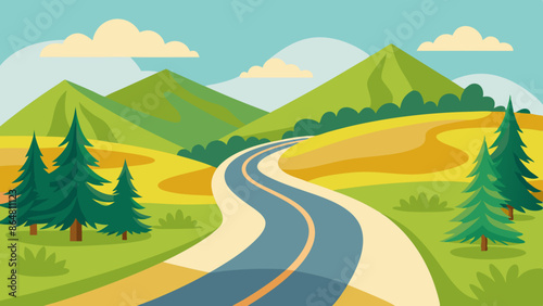 Country road curved highway vector perfect design illustration or logo. The way to nature, trees and forest camping and tourism travel theme. Can be used as a road banner or billboard