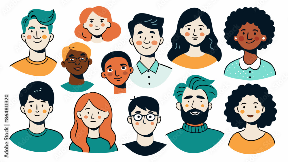 Hand drawn doodle set of people faces. Perfect for social media, avatars. Portraits of various men and women. Trendy black and white icons collection. Vector illustration.