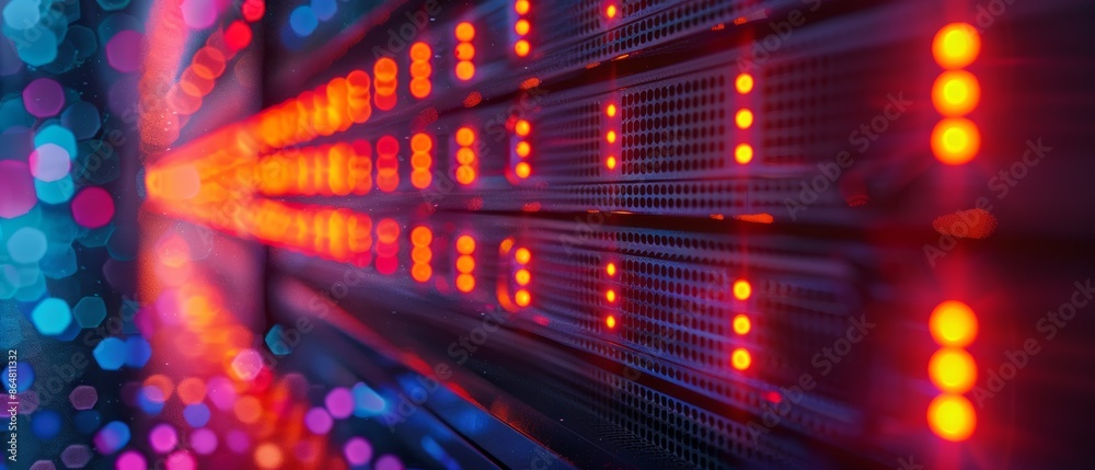 Abstract close-up of server racks with red lights. Abstract close-up of server racks with red lights.
