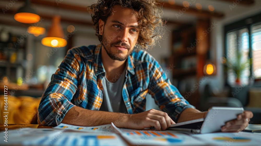 Modern business setting with punk costume customer reviewing growth projections Modern business setting with punk costume customer reviewing growth projections