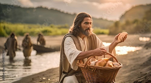Jesus with Fish and Bread. Miracle of Feeding the Multitude