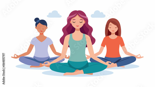 Set of tranquil women with closed eyes and croosed legs meditating in yoga lotus posture. Meditation practice. Concept of zen and harmony. Colored flat illustration isolated on white background