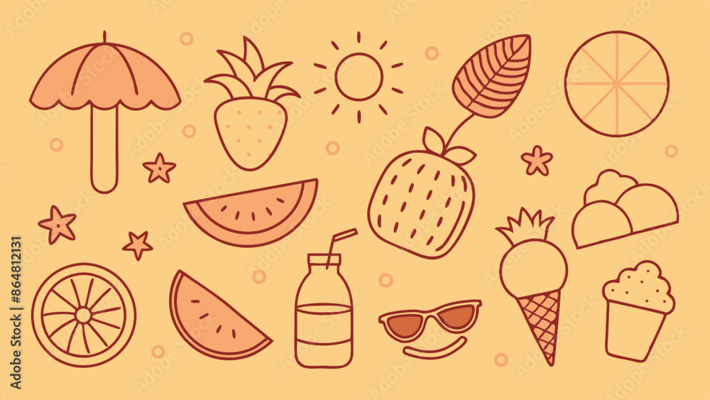 Summer icons cute Big Doodle set. Outline Style, hand drawn elements. Sun, Beach, tropical palm, fruits, sunglasses, watermelon, ice cream, fishes, toys Summer icons cute Big Doodle set. Outline Style, hand drawn elements. Sun, Beach, tropical palm, fruits, sunglasses, watermelon, ice cream, fishes, toys