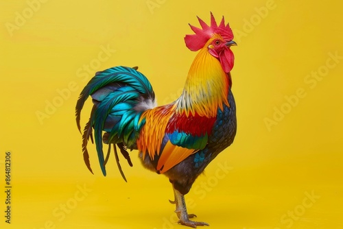 Live rooster with bright colorful plumage posing on a yellow background, emphasizing its vibrancy and energy, soft natural lighting © Polypicsell