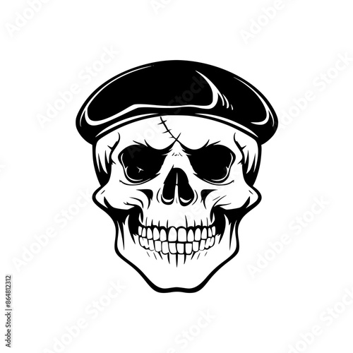 Skull Wearing Beret Illustration, Black and white illustration of a skull adorned with a beret, blending artistic flair with a macabre theme.
