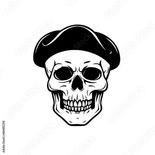 Skull Wearing Beret Illustration, Black and white illustration of a skull adorned with a beret, blending artistic flair with a macabre theme.
