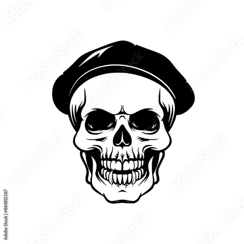 Skull Wearing Beret Illustration, Black and white illustration of a skull adorned with a beret, blending artistic flair with a macabre theme.
