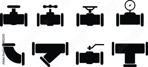 Pipeline set. Pipe with valve and tap for gas, oil, plumbing or water. Fuel power technology. Oil and gas extraction, production and transportation industrial icon, isolated on transparent background.