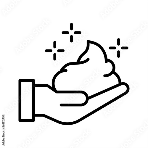 Black single foam Cream on hand line icon, simple skin cleanser flat design vector pictogram, vector infographic for app logo website button ui ux interface.