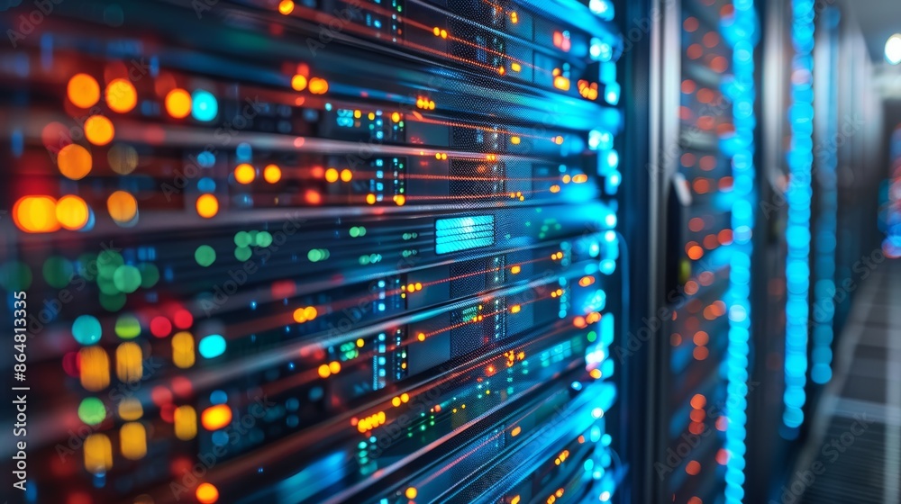 Close-up view of a server rack with glowing lights, representing data storage and processing.