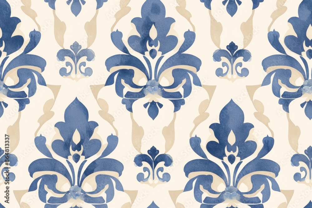 Elegant Damask Pattern Seamless Background Design in Blue and Beige Color Elegant Damask Pattern Seamless Background Design in Blue and Beige Color
