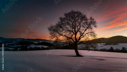 Amazing landscape with a lonely snowy tree in a winter field. Minimalistic scene in cloudy and foggy weather