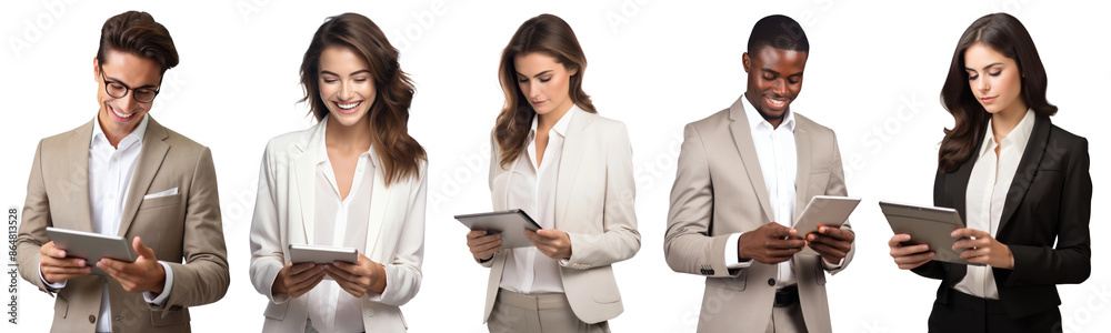 PNG diverse people using tablet cut out element set PNG diverse people using tablet cut out element set