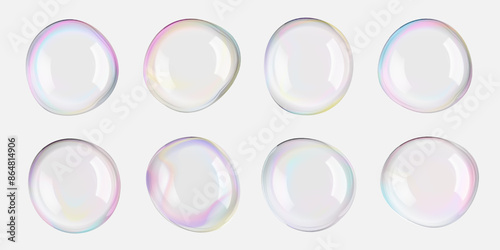 Transparent soap foam balls in air. 3D iridescent rainbow spheres and textured circles float on white png. Glass plastic mirror reflections on big bath bead. Shiny pastel blown day-dreaming bubbles