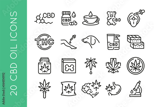 CBD icons. Set of 20 CBD trendy minimal icons. Example: Leaf, Pills, Flask, Bud, Dispensary icon. Design signs for web page, mobile app, packaging design. Vector illustration.
