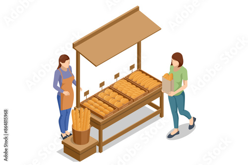 Isometric Delicious Fresh Bread. Fresh Bread Food on the wood chopping board for sale. Homemade fresh bread on sale