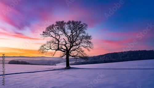 Amazing landscape with a lonely snowy tree in a winter field. Minimalistic scene in cloudy and foggy weather