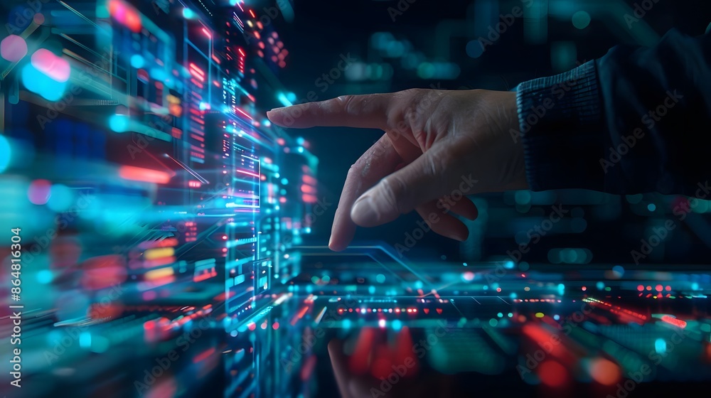 Close-up of a hand interacting with a digital interface, showcasing vibrant neon lights and futuristic technology. Close-up of a hand interacting with a digital interface, showcasing vibrant neon lights and futuristic technology.