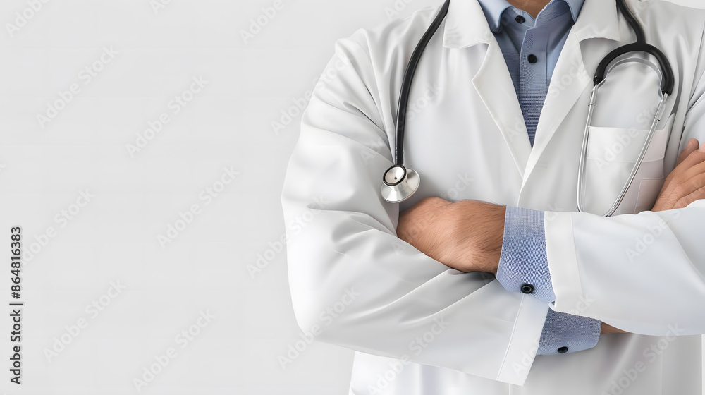 Confident doctor in white coat with stethoscope around neck, arms crossed. Professional healthcare and medical consulting concept. Confident doctor in white coat with stethoscope around neck, arms crossed. Professional healthcare and medical consulting concept.