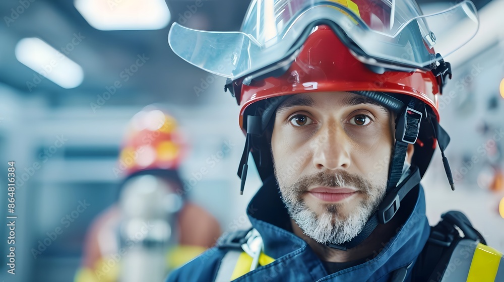 Close-up portrait of a firefighter in protective gear and helmet inside a fire station, representing bravery and dedication. Close-up portrait of a firefighter in protective gear and helmet inside a fire station, representing bravery and dedication.