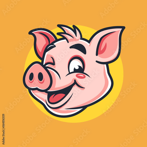 cartoon character logo, Pig, winking, smiling, 2d, vector illustration, mascot logo