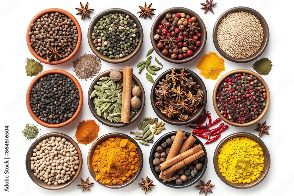 Colorful, aromatic spices and herbs in bowls on white background. Top view of turmeric, peppercorns, star anise, and other culinary ingredients. Colorful, aromatic spices and herbs in bowls on white background. Top view of turmeric, peppercorns, star anise, and other culinary ingredients.